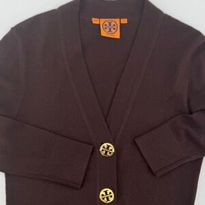 Tory Burch Simone Cardigan Brown Wool Gold Logo Button V-Neck Sweater Womens S